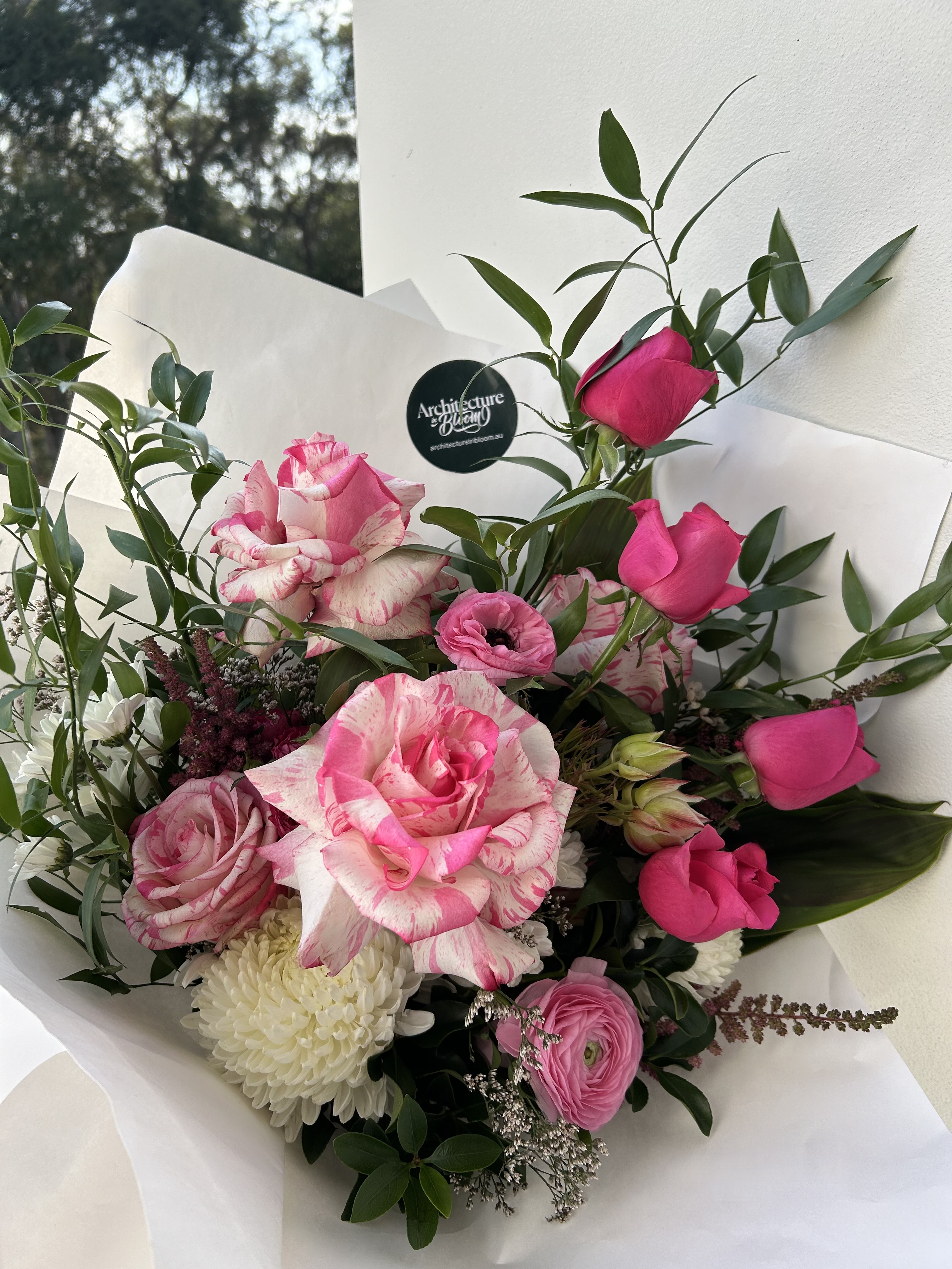 wrapped bouquet of flowers